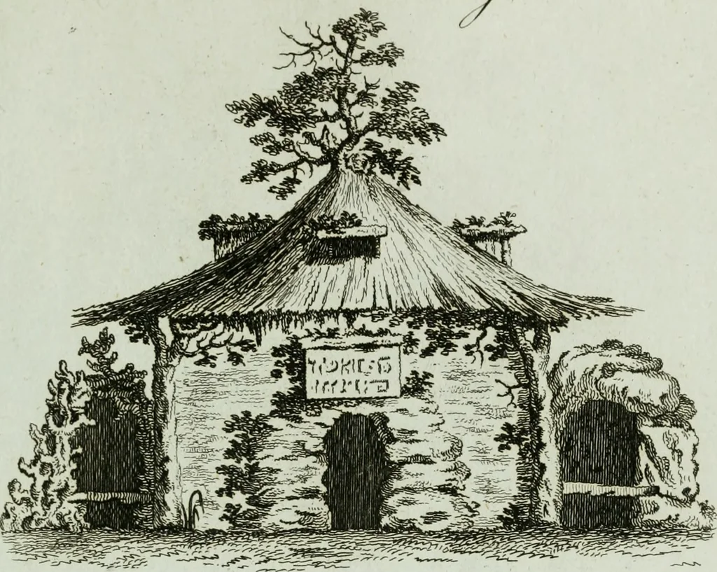 An illustration from Grotesque architecture, or, Rural amusement : consisting of plans, elevations, and sections, for huts, retreats, summer and winter hermitages, terminaries, Chinese, Gothic, and natural grottos, cascades, baths, mosques, Moresque pavilions, grotesque and rustic seats, green-houses, &c. : many of which may be executed with flints, irregular stones, rude branches, and roots of trees : the whole containing twenty-eight new designs, with scales to each : to which is added, an explanation, with the method of executing them, 1790, leaf 30