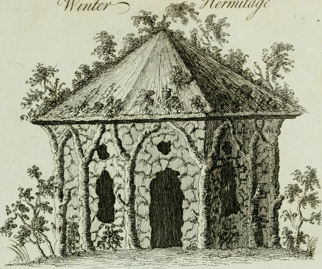 An illustration from Grotesque architecture, or, Rural amusement : consisting of plans, elevations, and sections, for huts, retreats, summer and winter hermitages, terminaries, Chinese, Gothic, and natural grottos, cascades, baths, mosques, Moresque pavilions, grotesque and rustic seats, green-houses, &c. : many of which may be executed with flints, irregular stones, rude branches, and roots of trees : the whole containing twenty-eight new designs, with scales to each : to which is added, an explanation, with the method of executing them, 1790, leaf 32