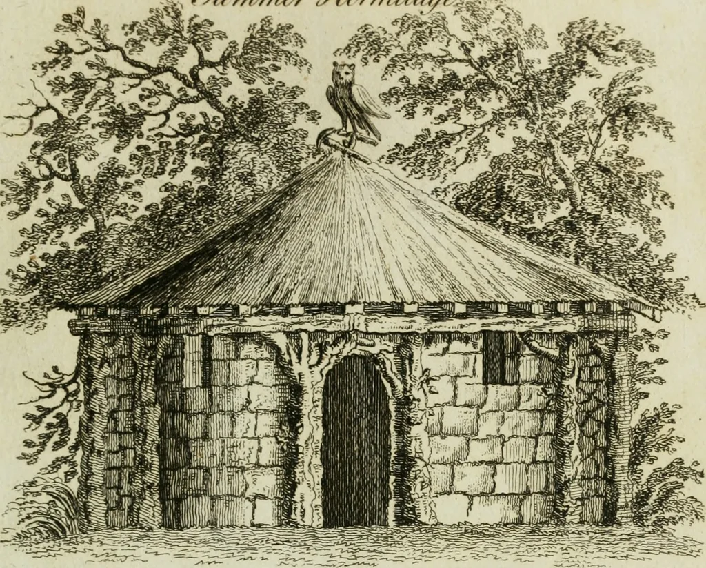 An illustration from Grotesque architecture, or, Rural amusement : consisting of plans, elevations, and sections, for huts, retreats, summer and winter hermitages, terminaries, Chinese, Gothic, and natural grottos, cascades, baths, mosques, Moresque pavilions, grotesque and rustic seats, green-houses, &c. : many of which may be executed with flints, irregular stones, rude branches, and roots of trees : the whole containing twenty-eight new designs, with scales to each : to which is added, an explanation, with the method of executing them, 1790, leaf 34
