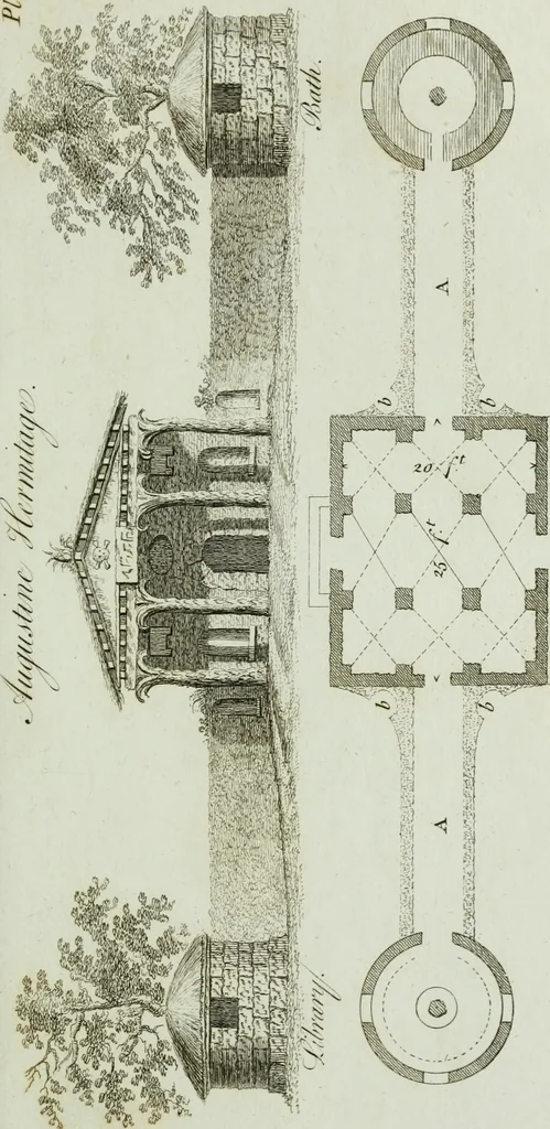 An illustration from Grotesque architecture, or, Rural amusement : consisting of plans, elevations, and sections, for huts, retreats, summer and winter hermitages, terminaries, Chinese, Gothic, and natural grottos, cascades, baths, mosques, Moresque pavilions, grotesque and rustic seats, green-houses, &c. : many of which may be executed with flints, irregular stones, rude branches, and roots of trees : the whole containing twenty-eight new designs, with scales to each : to which is added, an explanation, with the method of executing them, 1790, leaf 36