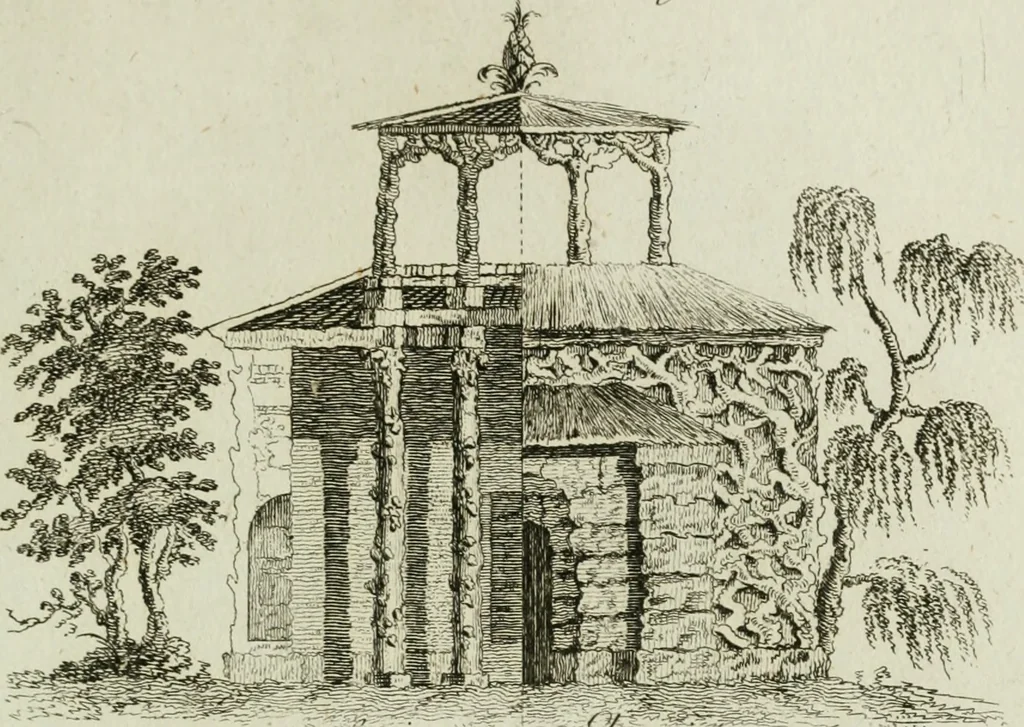 An illustration from Grotesque architecture, or, Rural amusement : consisting of plans, elevations, and sections, for huts, retreats, summer and winter hermitages, terminaries, Chinese, Gothic, and natural grottos, cascades, baths, mosques, Moresque pavilions, grotesque and rustic seats, green-houses, &c. : many of which may be executed with flints, irregular stones, rude branches, and roots of trees : the whole containing twenty-eight new designs, with scales to each : to which is added, an explanation, with the method of executing them, 1790, leaf 38