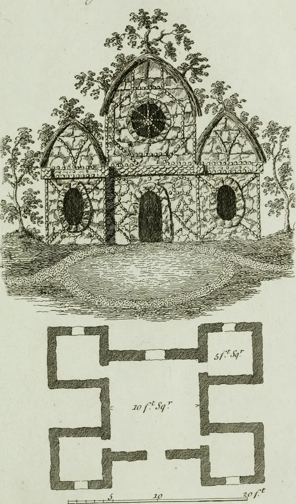 An illustration from Grotesque architecture, or, Rural amusement : consisting of plans, elevations, and sections, for huts, retreats, summer and winter hermitages, terminaries, Chinese, Gothic, and natural grottos, cascades, baths, mosques, Moresque pavilions, grotesque and rustic seats, green-houses, &c. : many of which may be executed with flints, irregular stones, rude branches, and roots of trees : the whole containing twenty-eight new designs, with scales to each : to which is added, an explanation, with the method of executing them, 1790, leaf 42