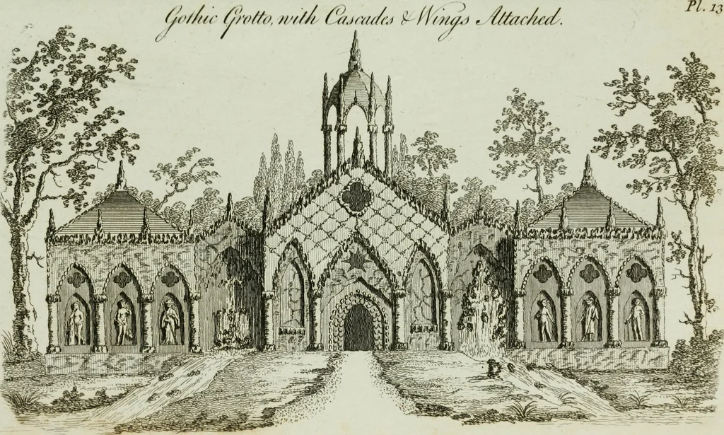 An illustration from Grotesque architecture, or, Rural amusement : consisting of plans, elevations, and sections, for huts, retreats, summer and winter hermitages, terminaries, Chinese, Gothic, and natural grottos, cascades, baths, mosques, Moresque pavilions, grotesque and rustic seats, green-houses, &c. : many of which may be executed with flints, irregular stones, rude branches, and roots of trees : the whole containing twenty-eight new designs, with scales to each : to which is added, an explanation, with the method of executing them, 1790, leaf 48