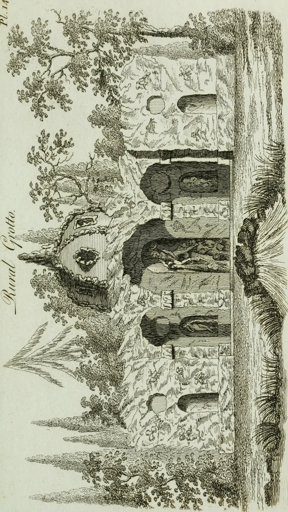 An illustration from Grotesque architecture, or, Rural amusement : consisting of plans, elevations, and sections, for huts, retreats, summer and winter hermitages, terminaries, Chinese, Gothic, and natural grottos, cascades, baths, mosques, Moresque pavilions, grotesque and rustic seats, green-houses, &c. : many of which may be executed with flints, irregular stones, rude branches, and roots of trees : the whole containing twenty-eight new designs, with scales to each : to which is added, an explanation, with the method of executing them, 1790, leaf 50