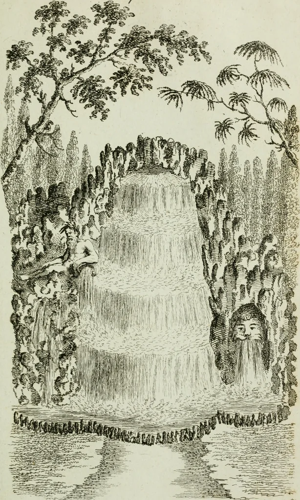 An illustration from Grotesque architecture, or, Rural amusement : consisting of plans, elevations, and sections, for huts, retreats, summer and winter hermitages, terminaries, Chinese, Gothic, and natural grottos, cascades, baths, mosques, Moresque pavilions, grotesque and rustic seats, green-houses, &c. : many of which may be executed with flints, irregular stones, rude branches, and roots of trees : the whole containing twenty-eight new designs, with scales to each : to which is added, an explanation, with the method of executing them, 1790, leaf 54
