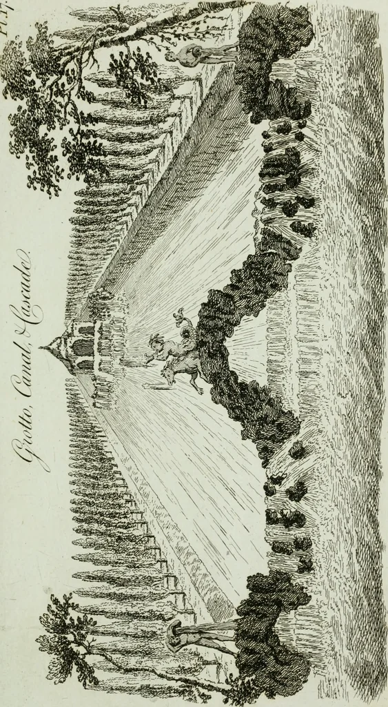 An illustration from Grotesque architecture, or, Rural amusement : consisting of plans, elevations, and sections, for huts, retreats, summer and winter hermitages, terminaries, Chinese, Gothic, and natural grottos, cascades, baths, mosques, Moresque pavilions, grotesque and rustic seats, green-houses, &c. : many of which may be executed with flints, irregular stones, rude branches, and roots of trees : the whole containing twenty-eight new designs, with scales to each : to which is added, an explanation, with the method of executing them, 1790, leaf 56