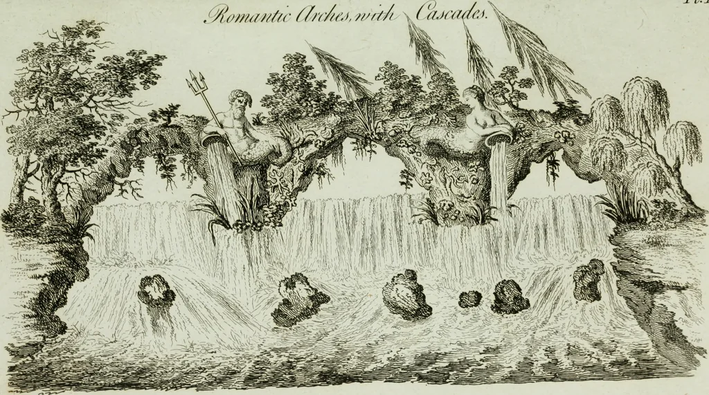 An illustration from Grotesque architecture, or, Rural amusement : consisting of plans, elevations, and sections, for huts, retreats, summer and winter hermitages, terminaries, Chinese, Gothic, and natural grottos, cascades, baths, mosques, Moresque pavilions, grotesque and rustic seats, green-houses, &c. : many of which may be executed with flints, irregular stones, rude branches, and roots of trees : the whole containing twenty-eight new designs, with scales to each : to which is added, an explanation, with the method of executing them, 1790, leaf 58