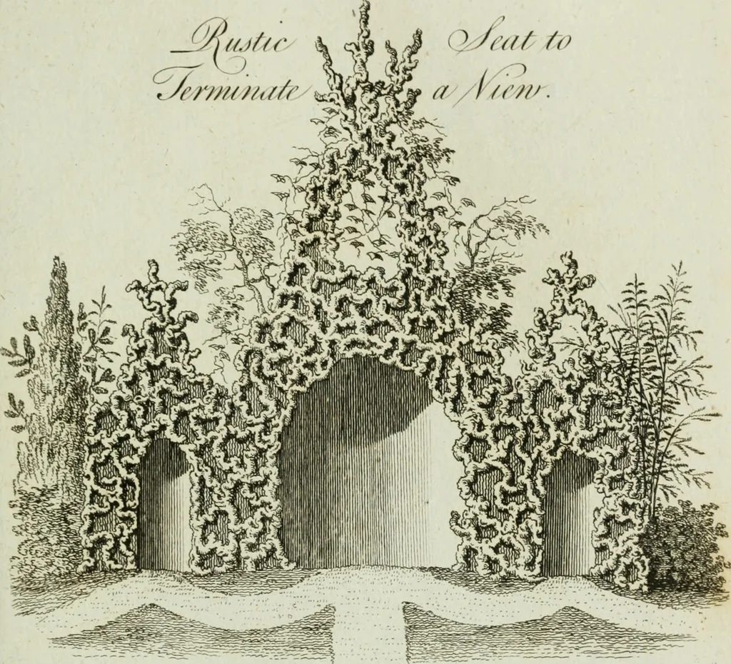 An illustration from Grotesque architecture, or, Rural amusement : consisting of plans, elevations, and sections, for huts, retreats, summer and winter hermitages, terminaries, Chinese, Gothic, and natural grottos, cascades, baths, mosques, Moresque pavilions, grotesque and rustic seats, green-houses, &c. : many of which may be executed with flints, irregular stones, rude branches, and roots of trees : the whole containing twenty-eight new designs, with scales to each : to which is added, an explanation, with the method of executing them, 1790, leaf 60