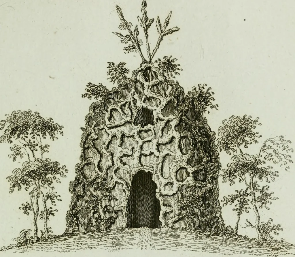 An illustration from Grotesque architecture, or, Rural amusement : consisting of plans, elevations, and sections, for huts, retreats, summer and winter hermitages, terminaries, Chinese, Gothic, and natural grottos, cascades, baths, mosques, Moresque pavilions, grotesque and rustic seats, green-houses, &c. : many of which may be executed with flints, irregular stones, rude branches, and roots of trees : the whole containing twenty-eight new designs, with scales to each : to which is added, an explanation, with the method of executing them, 1790, leaf 62