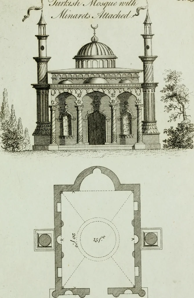 An illustration from Grotesque architecture, or, Rural amusement : consisting of plans, elevations, and sections, for huts, retreats, summer and winter hermitages, terminaries, Chinese, Gothic, and natural grottos, cascades, baths, mosques, Moresque pavilions, grotesque and rustic seats, green-houses, &c. : many of which may be executed with flints, irregular stones, rude branches, and roots of trees : the whole containing twenty-eight new designs, with scales to each : to which is added, an explanation, with the method of executing them, 1790, leaf 68