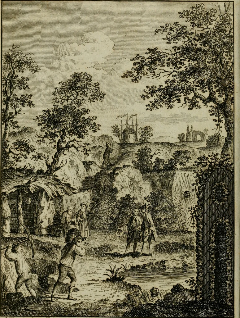 An illustration from Grotesque architecture, or, Rural amusement : consisting of plans, elevations, and sections, for huts, retreats, summer and winter hermitages, terminaries, Chinese, Gothic, and natural grottos, cascades, baths, mosques, Moresque pavilions, grotesque and rustic seats, green-houses, &c. : many of which may be executed with flints, irregular stones, rude branches, and roots of trees : the whole containing twenty-eight new designs, with scales to each : to which is added, an explanation, with the method of executing them, 1790, leaf 7