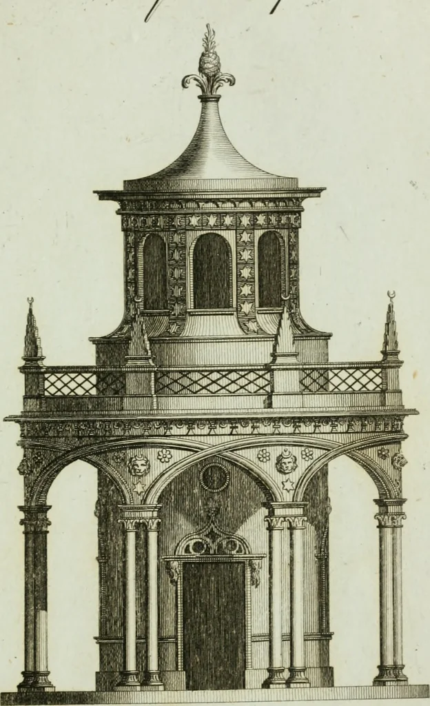 An illustration from Grotesque architecture, or, Rural amusement : consisting of plans, elevations, and sections, for huts, retreats, summer and winter hermitages, terminaries, Chinese, Gothic, and natural grottos, cascades, baths, mosques, Moresque pavilions, grotesque and rustic seats, green-houses, &c. : many of which may be executed with flints, irregular stones, rude branches, and roots of trees : the whole containing twenty-eight new designs, with scales to each : to which is added, an explanation, with the method of executing them, 1790, leaf 74
