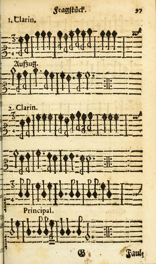 An illustration from Grund-richtiger/kurtz/leicht und nothiger Unterricht der musicalischen Kunst/ wie man fuglich und in kurtzer Zeit Choral und Figural singen/ den General-Bass tractiren/ und componiren lernen soll ..., 1687, leaf 115