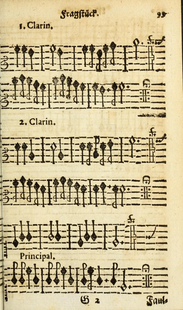 An illustration from Grund-richtiger/kurtz/leicht und nothiger Unterricht der musicalischen Kunst/ wie man fuglich und in kurtzer Zeit Choral und Figural singen/ den General-Bass tractiren/ und componiren lernen soll ..., 1687, leaf 117