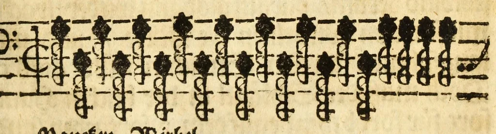 An illustration from Grund-richtiger/kurtz/leicht und nothiger Unterricht der musicalischen Kunst/ wie man fuglich und in kurtzer Zeit Choral und Figural singen/ den General-Bass tractiren/ und componiren lernen soll ..., 1687, leaf 123