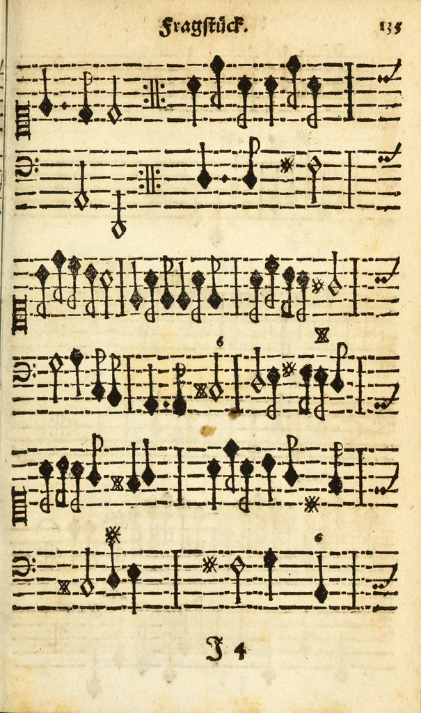 An illustration from Grund-richtiger/kurtz/leicht und nothiger Unterricht der musicalischen Kunst/ wie man fuglich und in kurtzer Zeit Choral und Figural singen/ den General-Bass tractiren/ und componiren lernen soll ..., 1687, leaf 153