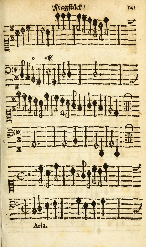 An illustration from Grund-richtiger/kurtz/leicht und nothiger Unterricht der musicalischen Kunst/ wie man fuglich und in kurtzer Zeit Choral und Figural singen/ den General-Bass tractiren/ und componiren lernen soll ..., 1687, leaf 159