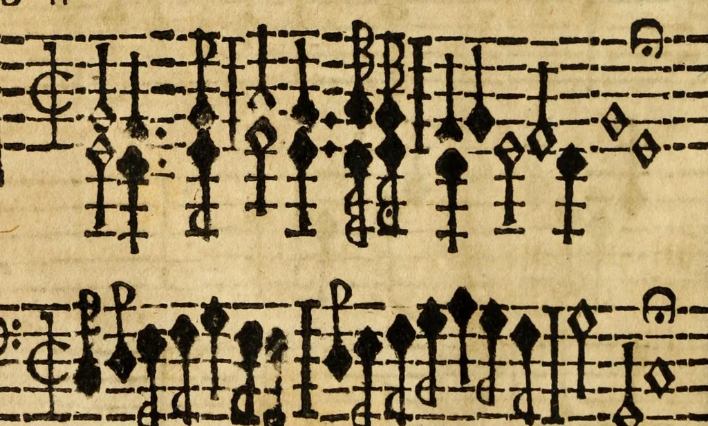 An illustration from Grund-richtiger/kurtz/leicht und nothiger Unterricht der musicalischen Kunst/ wie man fuglich und in kurtzer Zeit Choral und Figural singen/ den General-Bass tractiren/ und componiren lernen soll ..., 1687, leaf 68