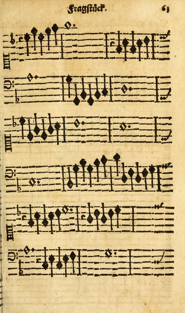 An illustration from Grund-richtiger/kurtz/leicht und nothiger Unterricht der musicalischen Kunst/ wie man fuglich und in kurtzer Zeit Choral und Figural singen/ den General-Bass tractiren/ und componiren lernen soll ..., 1687, leaf 81