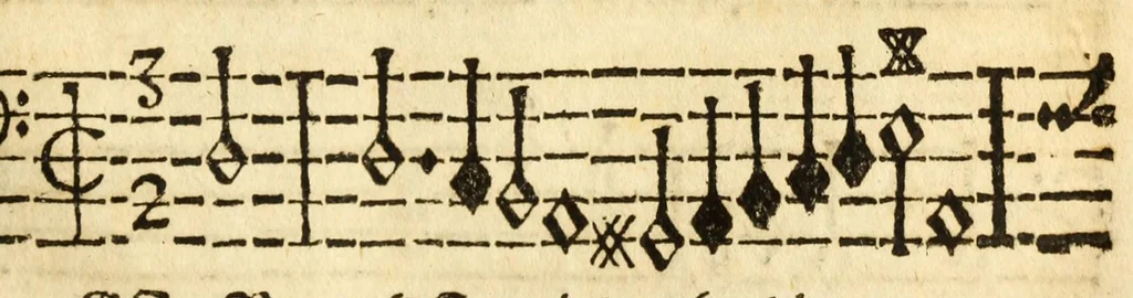 An illustration from Grund-richtiger/kurtz/leicht und nothiger Unterricht der musicalischen Kunst/ wie man fuglich und in kurtzer Zeit Choral und Figural singen/ den General-Bass tractiren/ und componiren lernen soll ..., 1687, leaf 85