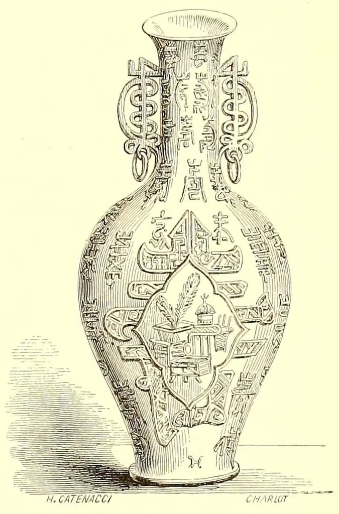 An illustration from Grundriss der keramik in bezug auf das kunstgewerbe. Eine historische darstellung ihres entwickelungsganges in Europa, dem Orient und Ostasien von den ältesten zeiten bis auf die gegenwart. Ein zuverlässiger führer für kunstfreunde, sammler, fabrikanten, modelleure und gewerbeschulen wie auchals ergänzung zur kunstgeschichte, 1879, leaf 137