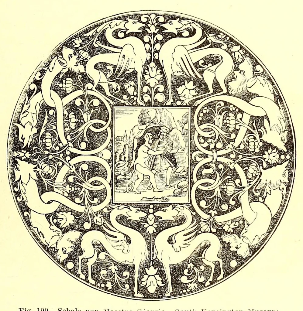 An illustration from Grundriss der keramik in bezug auf das kunstgewerbe. Eine historische darstellung ihres entwickelungsganges in Europa, dem Orient und Ostasien von den ältesten zeiten bis auf die gegenwart. Ein zuverlässiger führer für kunstfreunde, sammler, fabrikanten, modelleure und gewerbeschulen wie auchals ergänzung zur kunstgeschichte, 1879, leaf 385