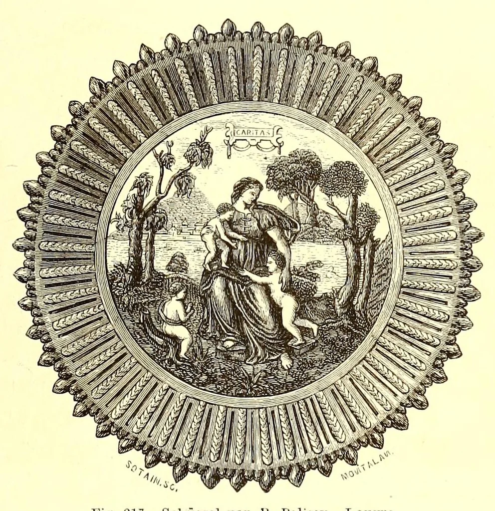 An illustration from Grundriss der keramik in bezug auf das kunstgewerbe. Eine historische darstellung ihres entwickelungsganges in Europa, dem Orient und Ostasien von den ältesten zeiten bis auf die gegenwart. Ein zuverlässiger führer für kunstfreunde, sammler, fabrikanten, modelleure und gewerbeschulen wie auchals ergänzung zur kunstgeschichte, 1879, leaf 445