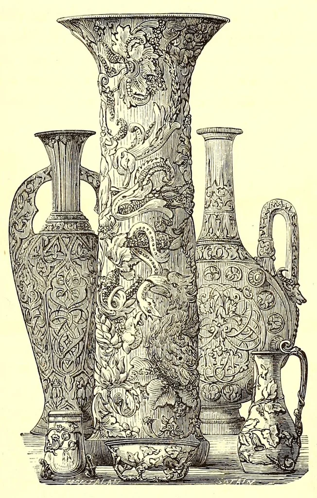 An illustration from Grundriss der keramik in bezug auf das kunstgewerbe. Eine historische darstellung ihres entwickelungsganges in Europa, dem Orient und Ostasien von den ältesten zeiten bis auf die gegenwart. Ein zuverlässiger führer für kunstfreunde, sammler, fabrikanten, modelleure und gewerbeschulen wie auchals ergänzung zur kunstgeschichte, 1879, leaf 953