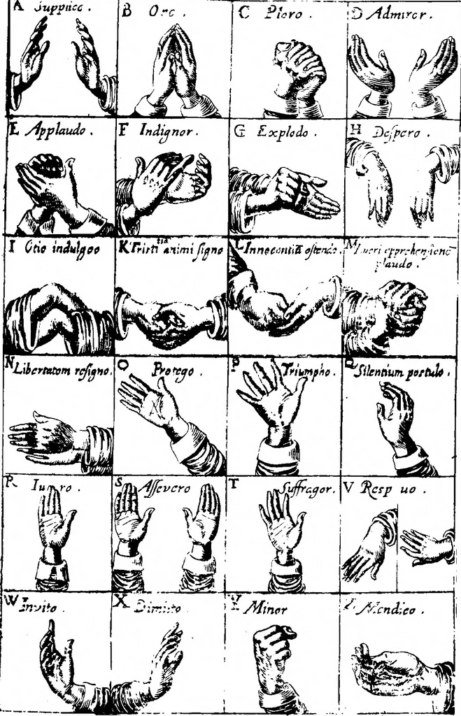 An illustration from Chirologia, or, The naturall language of the hand c [microform] : composed of the speaking motions, and discoursing gestures thereof : whereunto is added, Chironomia, or, The art of manual rhetoricke, consisting of the naturall expressions, digested by art in the hand ... : with types, or chyrograms, a long-wish'd for illustration of this argument, 1644, leaf 186