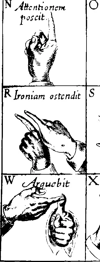 An illustration from Chirologia, or, The naturall language of the hand c [microform] : composed of the speaking motions, and discoursing gestures thereof : whereunto is added, Chironomia, or, The art of manual rhetoricke, consisting of the naturall expressions, digested by art in the hand ... : with types, or chyrograms, a long-wish'd for illustration of this argument, 1644, leaf 340