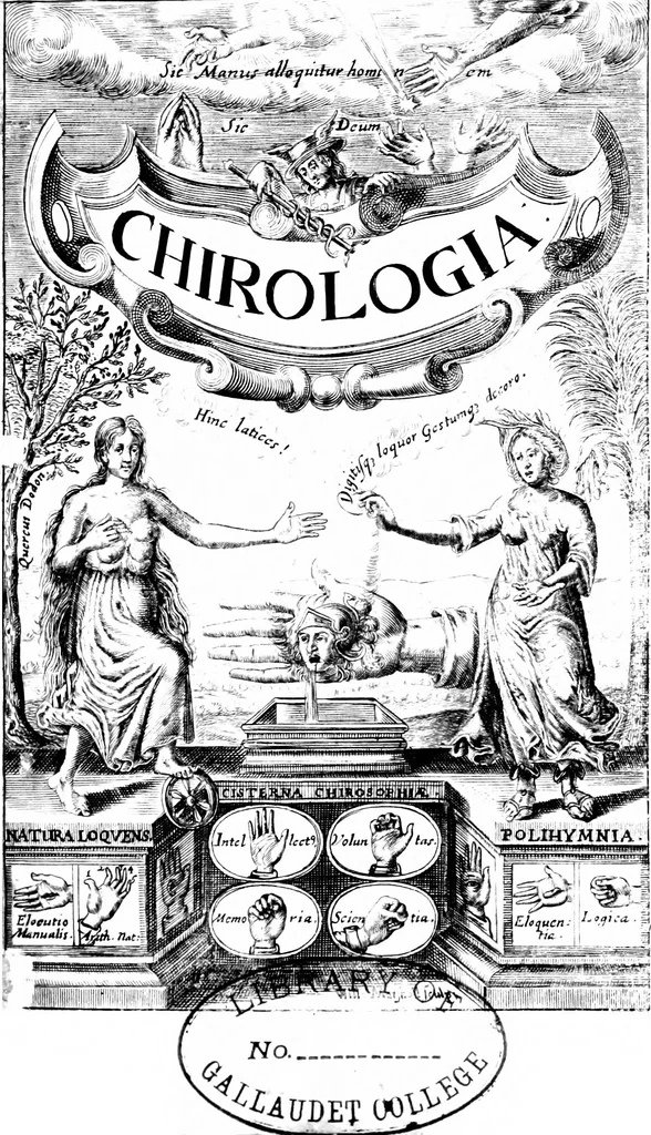 An illustration from Chirologia, or, The naturall language of the hand c [microform] : composed of the speaking motions, and discoursing gestures thereof : whereunto is added, Chironomia, or, The art of manual rhetoricke, consisting of the naturall expressions, digested by art in the hand ... : with types, or chyrograms, a long-wish'd for illustration of this argument, 1644, leaf 4