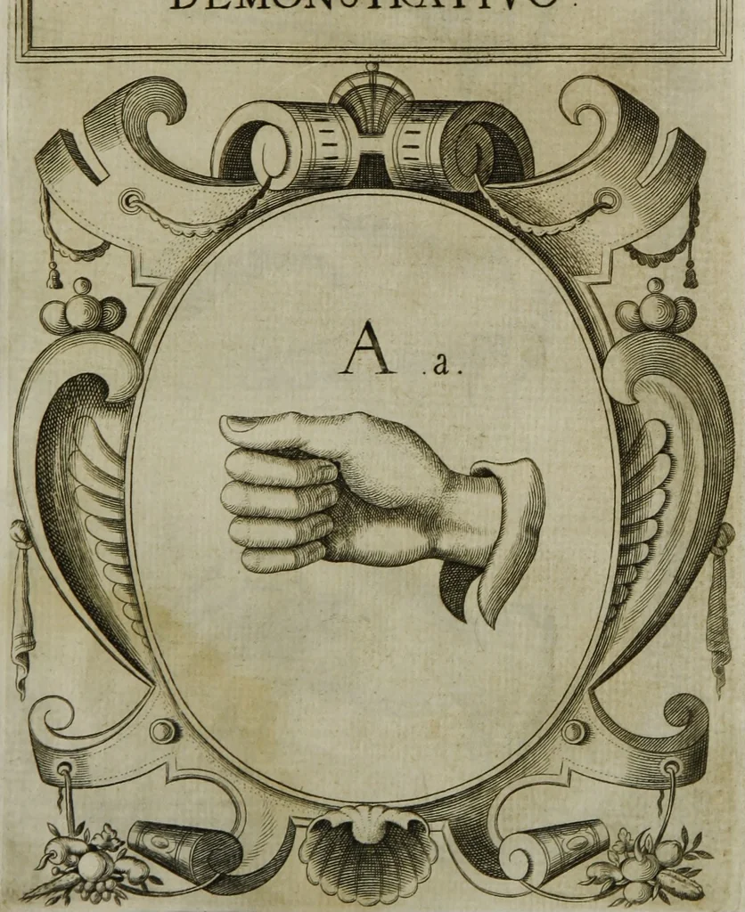 An illustration from Reduction de las letras y arte para enseñar a [h]ablar los mudos, 1620, leaf 160