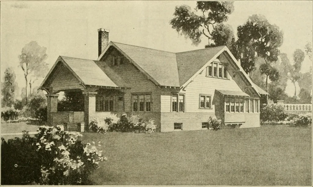 An illustration from Guaranteed building plans with interior views and details : a standard collection of new, original and artistic designs of cottages, bungalows, residences and flats of frame, brick, cement, plaster, concrete blocks, hollow tile, stucco, etc. and farm buildings of all descriptions together with interior and exterior details and interior views arranged and described by William A. Radford., 1915, leaf 10