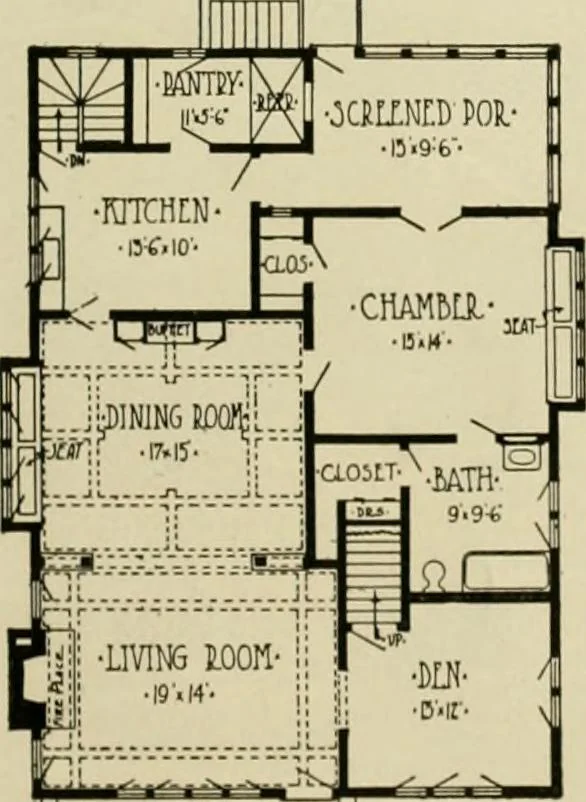 An illustration from Guaranteed building plans with interior views and details : a standard collection of new, original and artistic designs of cottages, bungalows, residences and flats of frame, brick, cement, plaster, concrete blocks, hollow tile, stucco, etc. and farm buildings of all descriptions together with interior and exterior details and interior views arranged and described by William A. Radford., 1915, leaf 10