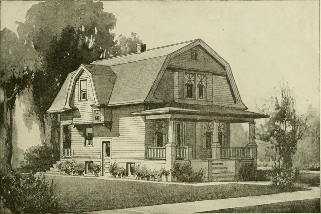 An illustration from Guaranteed building plans with interior views and details : a standard collection of new, original and artistic designs of cottages, bungalows, residences and flats of frame, brick, cement, plaster, concrete blocks, hollow tile, stucco, etc. and farm buildings of all descriptions together with interior and exterior details and interior views arranged and described by William A. Radford., 1915, leaf 100