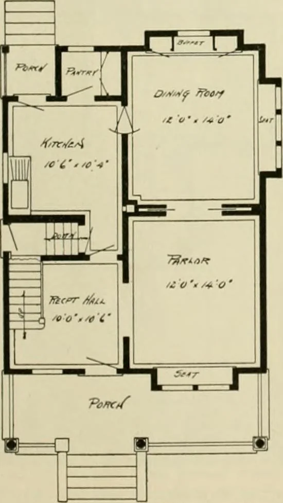 An illustration from Guaranteed building plans with interior views and details : a standard collection of new, original and artistic designs of cottages, bungalows, residences and flats of frame, brick, cement, plaster, concrete blocks, hollow tile, stucco, etc. and farm buildings of all descriptions together with interior and exterior details and interior views arranged and described by William A. Radford., 1915, leaf 100