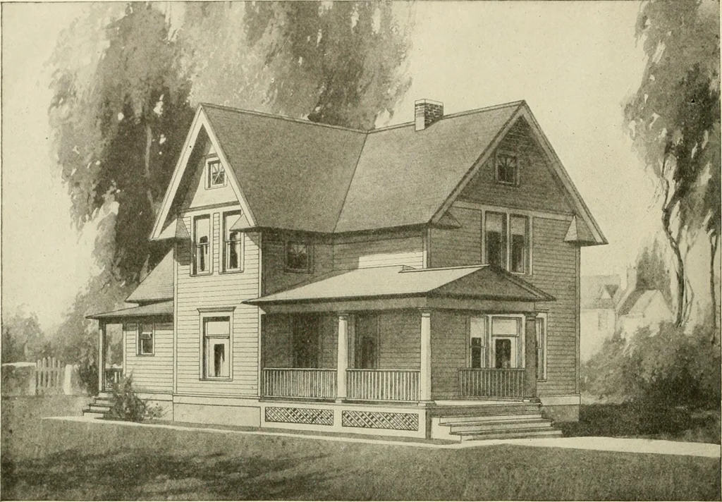 An illustration from Guaranteed building plans with interior views and details : a standard collection of new, original and artistic designs of cottages, bungalows, residences and flats of frame, brick, cement, plaster, concrete blocks, hollow tile, stucco, etc. and farm buildings of all descriptions together with interior and exterior details and interior views arranged and described by William A. Radford., 1915, leaf 101