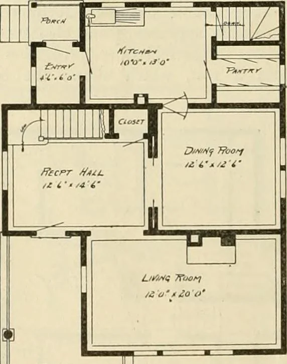 An illustration from Guaranteed building plans with interior views and details : a standard collection of new, original and artistic designs of cottages, bungalows, residences and flats of frame, brick, cement, plaster, concrete blocks, hollow tile, stucco, etc. and farm buildings of all descriptions together with interior and exterior details and interior views arranged and described by William A. Radford., 1915, leaf 101