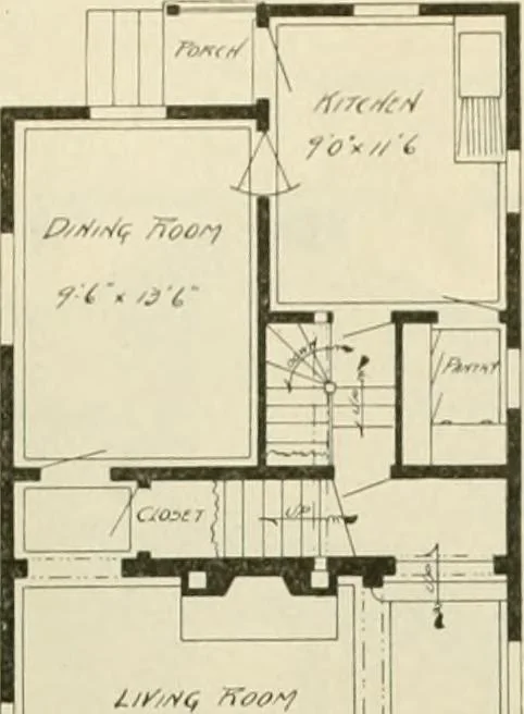 An illustration from Guaranteed building plans with interior views and details : a standard collection of new, original and artistic designs of cottages, bungalows, residences and flats of frame, brick, cement, plaster, concrete blocks, hollow tile, stucco, etc. and farm buildings of all descriptions together with interior and exterior details and interior views arranged and described by William A. Radford., 1915, leaf 102