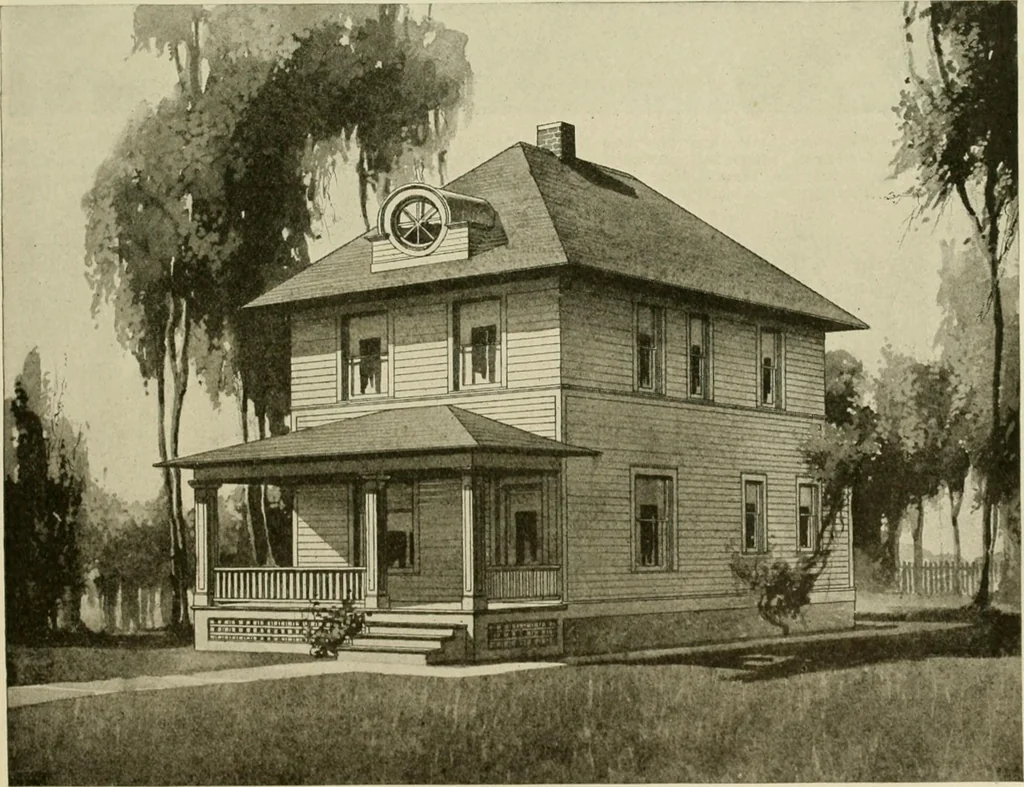 An illustration from Guaranteed building plans with interior views and details : a standard collection of new, original and artistic designs of cottages, bungalows, residences and flats of frame, brick, cement, plaster, concrete blocks, hollow tile, stucco, etc. and farm buildings of all descriptions together with interior and exterior details and interior views arranged and described by William A. Radford., 1915, leaf 102
