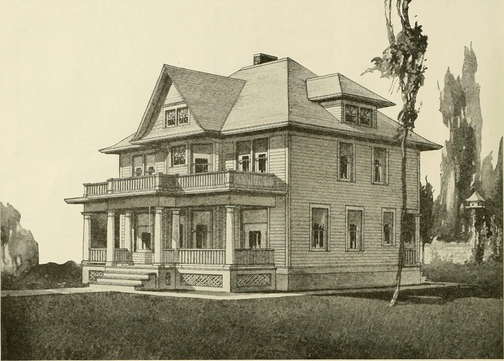 An illustration from Guaranteed building plans with interior views and details : a standard collection of new, original and artistic designs of cottages, bungalows, residences and flats of frame, brick, cement, plaster, concrete blocks, hollow tile, stucco, etc. and farm buildings of all descriptions together with interior and exterior details and interior views arranged and described by William A. Radford., 1915, leaf 103