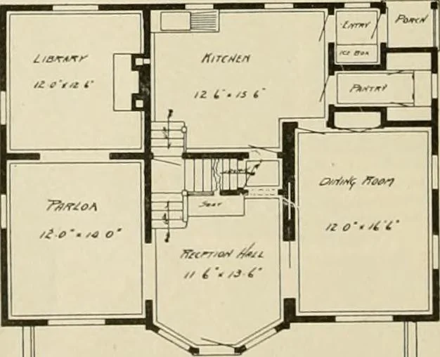 An illustration from Guaranteed building plans with interior views and details : a standard collection of new, original and artistic designs of cottages, bungalows, residences and flats of frame, brick, cement, plaster, concrete blocks, hollow tile, stucco, etc. and farm buildings of all descriptions together with interior and exterior details and interior views arranged and described by William A. Radford., 1915, leaf 103