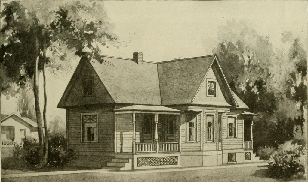 An illustration from Guaranteed building plans with interior views and details : a standard collection of new, original and artistic designs of cottages, bungalows, residences and flats of frame, brick, cement, plaster, concrete blocks, hollow tile, stucco, etc. and farm buildings of all descriptions together with interior and exterior details and interior views arranged and described by William A. Radford., 1915, leaf 104