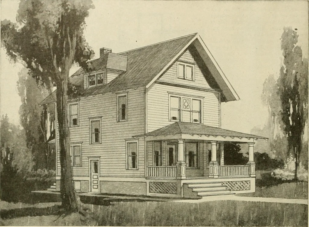 An illustration from Guaranteed building plans with interior views and details : a standard collection of new, original and artistic designs of cottages, bungalows, residences and flats of frame, brick, cement, plaster, concrete blocks, hollow tile, stucco, etc. and farm buildings of all descriptions together with interior and exterior details and interior views arranged and described by William A. Radford., 1915, leaf 105