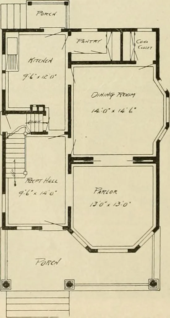 An illustration from Guaranteed building plans with interior views and details : a standard collection of new, original and artistic designs of cottages, bungalows, residences and flats of frame, brick, cement, plaster, concrete blocks, hollow tile, stucco, etc. and farm buildings of all descriptions together with interior and exterior details and interior views arranged and described by William A. Radford., 1915, leaf 105