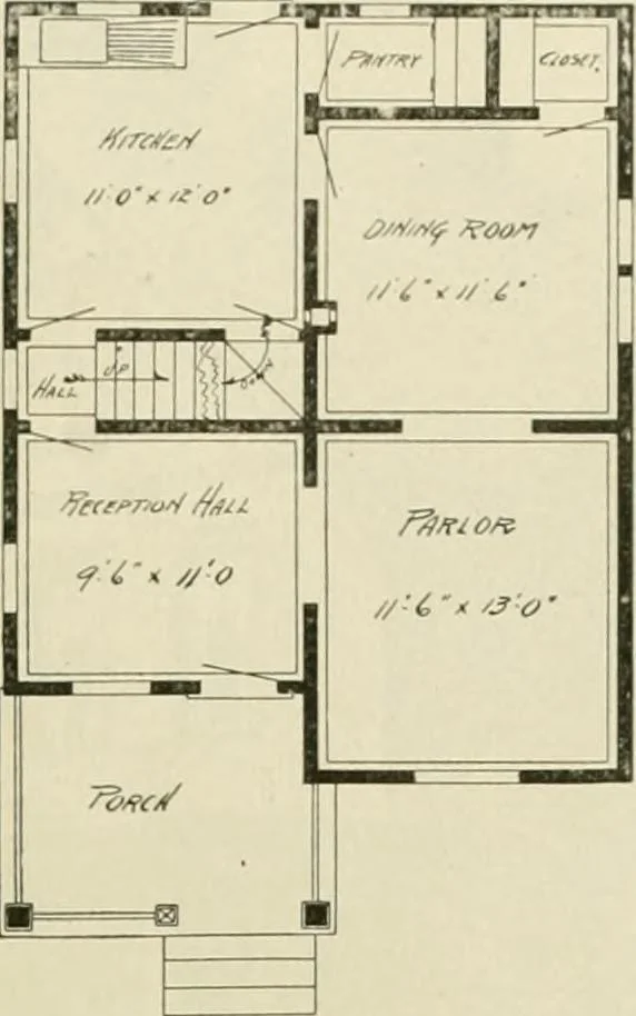 An illustration from Guaranteed building plans with interior views and details : a standard collection of new, original and artistic designs of cottages, bungalows, residences and flats of frame, brick, cement, plaster, concrete blocks, hollow tile, stucco, etc. and farm buildings of all descriptions together with interior and exterior details and interior views arranged and described by William A. Radford., 1915, leaf 106