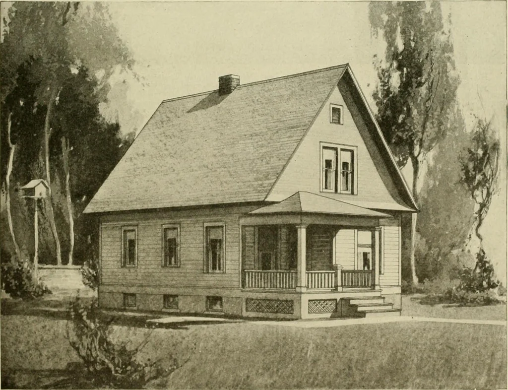 An illustration from Guaranteed building plans with interior views and details : a standard collection of new, original and artistic designs of cottages, bungalows, residences and flats of frame, brick, cement, plaster, concrete blocks, hollow tile, stucco, etc. and farm buildings of all descriptions together with interior and exterior details and interior views arranged and described by William A. Radford., 1915, leaf 106