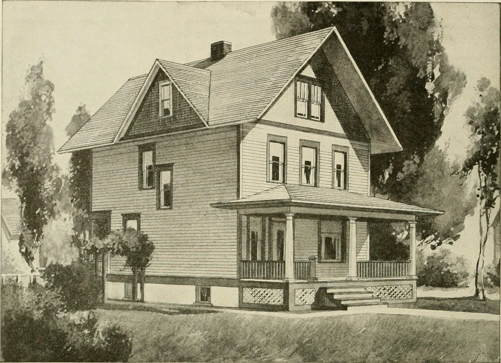 An illustration from Guaranteed building plans with interior views and details : a standard collection of new, original and artistic designs of cottages, bungalows, residences and flats of frame, brick, cement, plaster, concrete blocks, hollow tile, stucco, etc. and farm buildings of all descriptions together with interior and exterior details and interior views arranged and described by William A. Radford., 1915, leaf 107