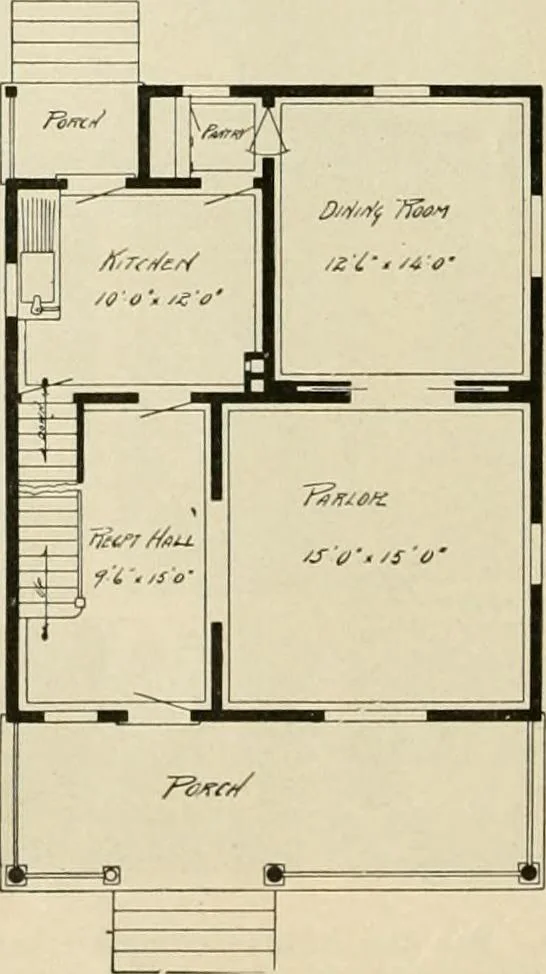 An illustration from Guaranteed building plans with interior views and details : a standard collection of new, original and artistic designs of cottages, bungalows, residences and flats of frame, brick, cement, plaster, concrete blocks, hollow tile, stucco, etc. and farm buildings of all descriptions together with interior and exterior details and interior views arranged and described by William A. Radford., 1915, leaf 107