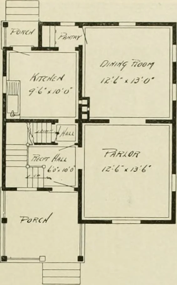 An illustration from Guaranteed building plans with interior views and details : a standard collection of new, original and artistic designs of cottages, bungalows, residences and flats of frame, brick, cement, plaster, concrete blocks, hollow tile, stucco, etc. and farm buildings of all descriptions together with interior and exterior details and interior views arranged and described by William A. Radford., 1915, leaf 108